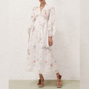 Zimmermann Lucky Lace Plunge Linen Midi Dress